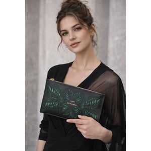 Aveda Iris van Herpen Collaboration Black Green Leaf Print Cosmetic Makeup Bag